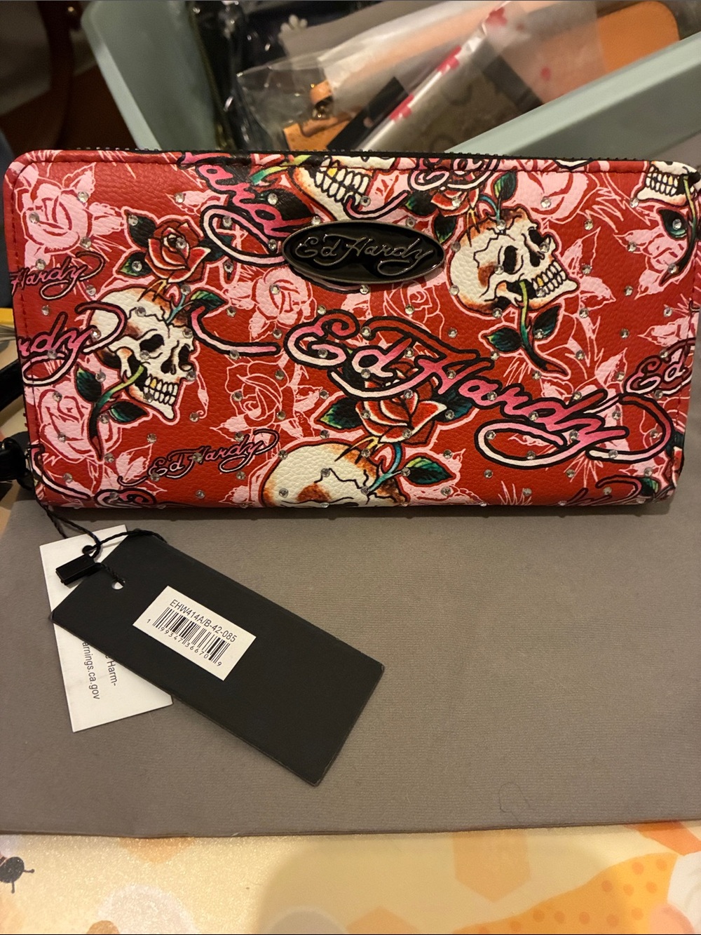 Ed Hardy Red Skull & Rose Signature Zip-Around Wallet
